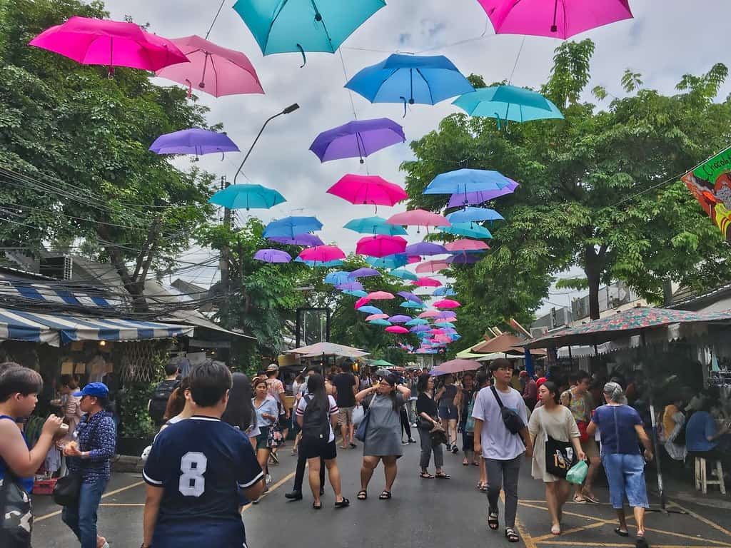 Umbrellas in the sky in Chatuchak weekend market in Bangkok, Thailand